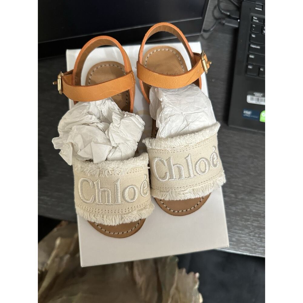 CHLOE Embroidered-Logo Fringed Sandals, Brand Size 28